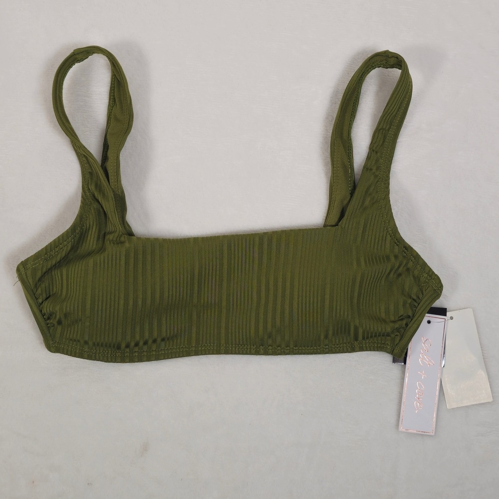 Salt and Cove Ribbed Square Neck Bikini Top‎ Olive Green Size S